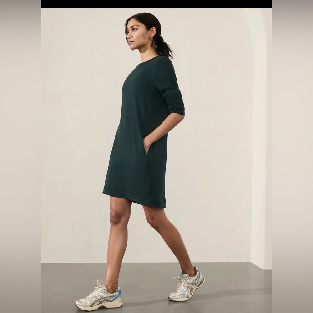Athleta Coaster Luxe Sweatshirt Dress Dark Green Crewneck